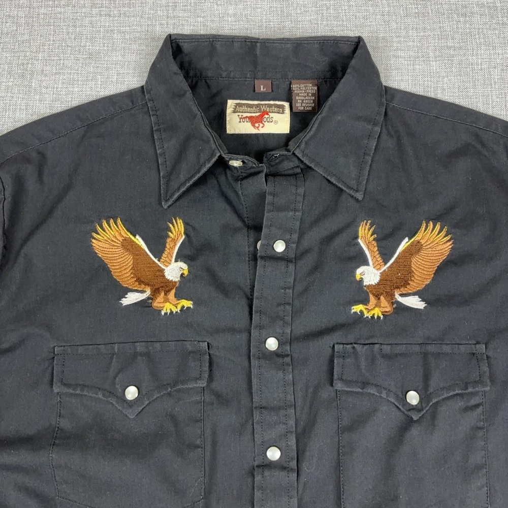Vintage Youngbloods Shirt Mens Large Black Western Pearl Snap Eagle Embroidered